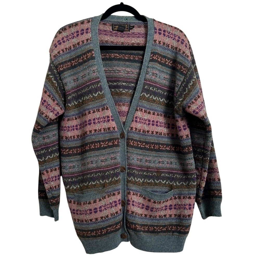 Vintage Eddie Bauer 100% Wool Fair Isle Cardigan Made in Hong Kong Small